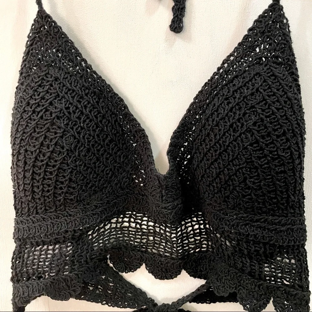 Boho Style Crochet Halter Top Bralette Black - Picture 10 of 13